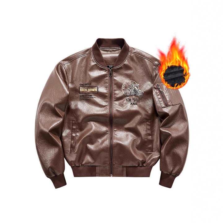 Herren Biker Lederimitat Bomberjacke mit Stickpatches und Ärmeltasche – Brevano