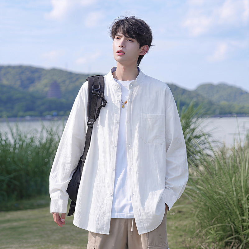 Herren Oversize-Hemd aus leichtem Baumwollmix mit Mandarinkragen und Brusttasche – Arvello