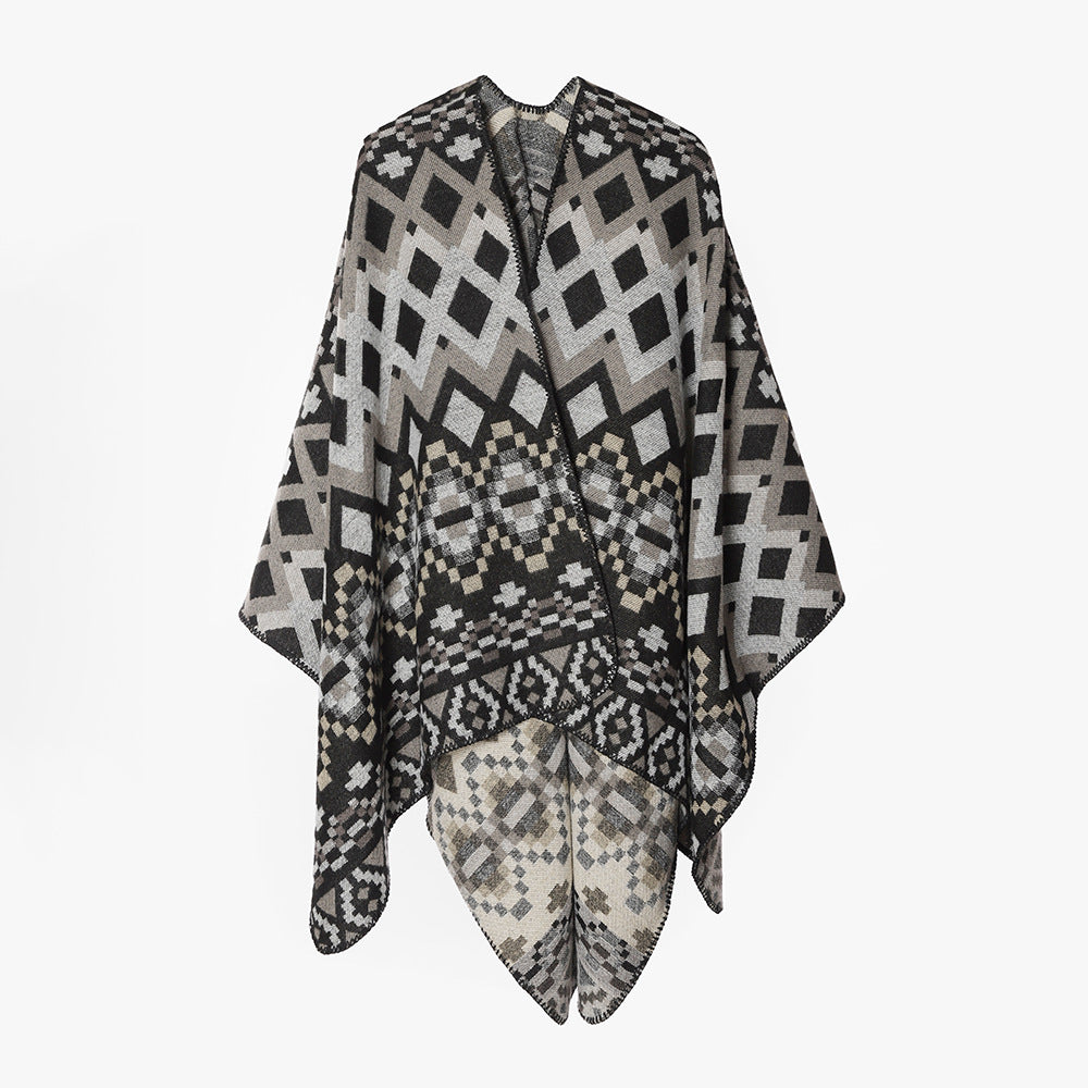 Damen Großflächiger Jacquard-Capeponcho mit geometrisch-ethnischem Muster und kastiger Silhouette – Avérine