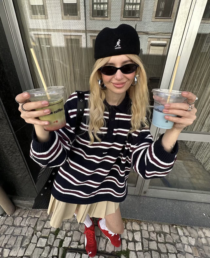 Damen Gestreifter Oversize-Strickpullover mit Polokragen und Rippbündchen Echoarchiv
