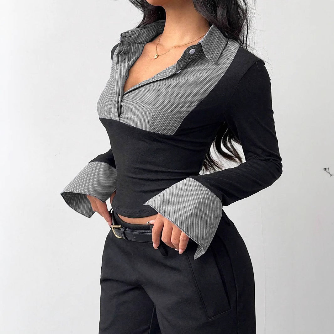 Damen Figurbetontes Langarmshirt mit Blusenkragen und gestreiften Manschetten – Avérine