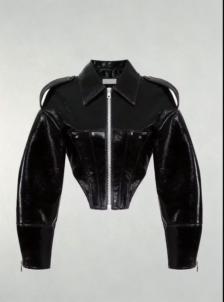 Damen kurz geschnittener Lackoptik-Blouson mit tailliertem Korsett-Schnitt Echo Archiv