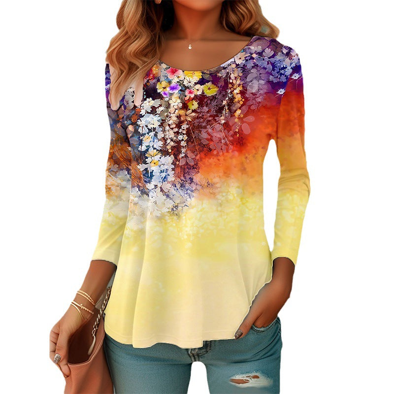 Damen Langärmeliges A-Linien-Shirt mit floralem Aquarellprint und Rundhals – Avérine