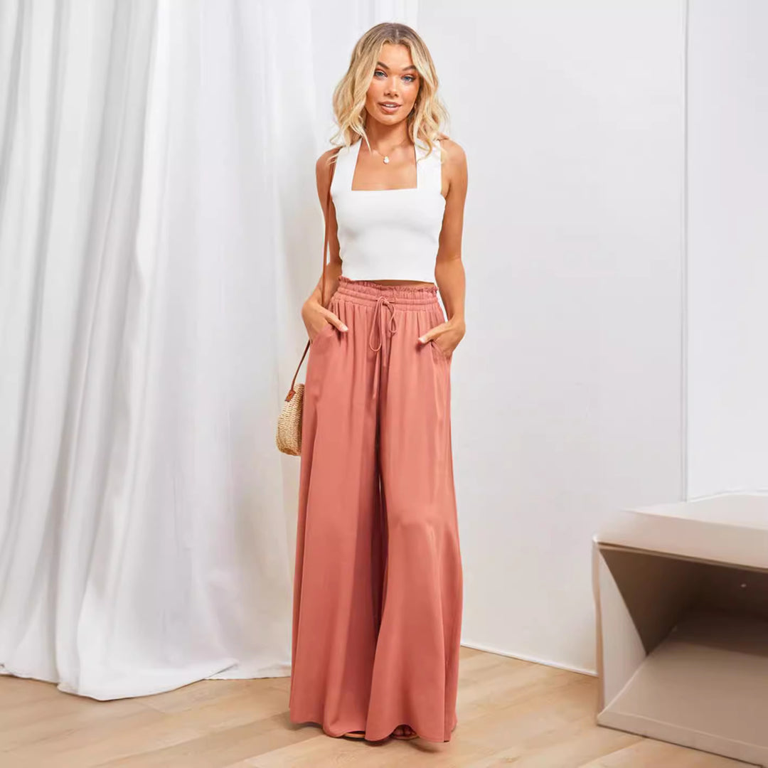 Frauen Hohe Taille Rüschen Elastischer Bund Weite Bein Strand Palazzo Hose mit Zugband und Seitentaschen – Avélisse