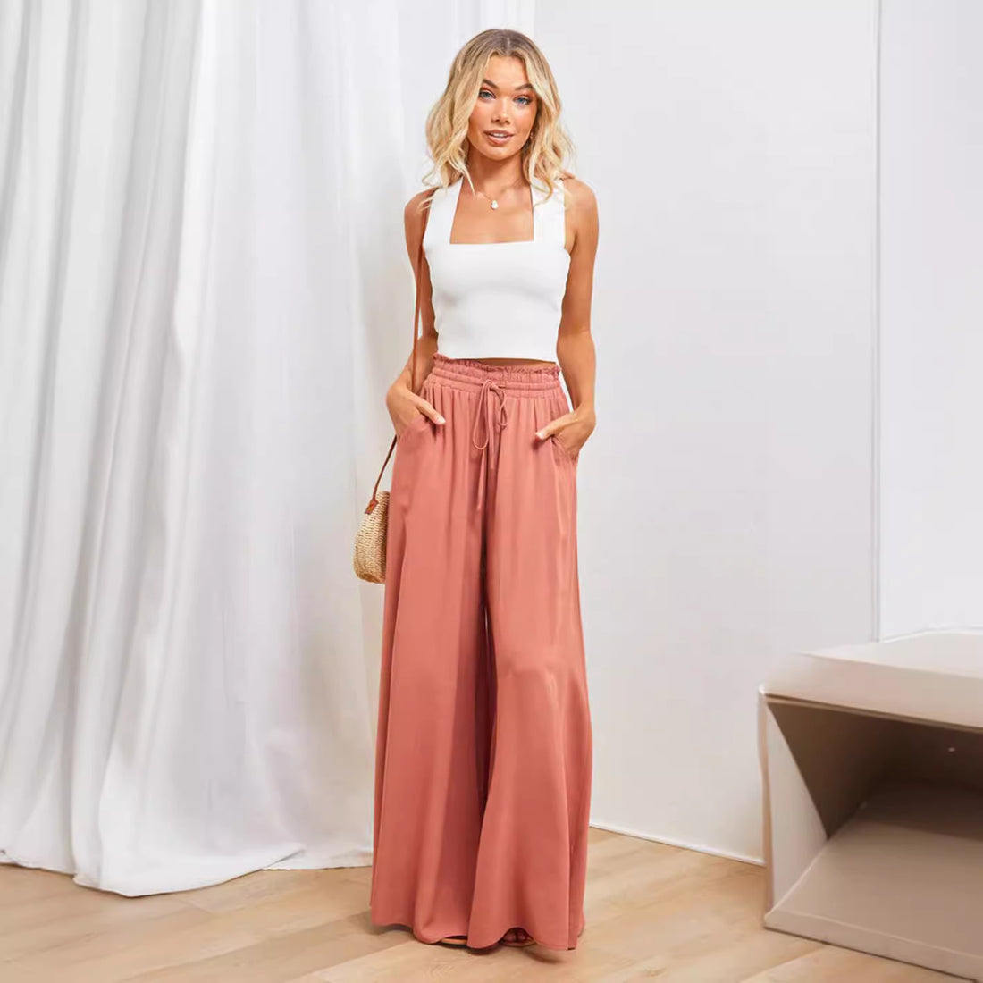 Frauen Hohe Taille Rüschen Elastischer Bund Weite Bein Strand Palazzo Hose mit Zugband und Seitentaschen – Avélisse
