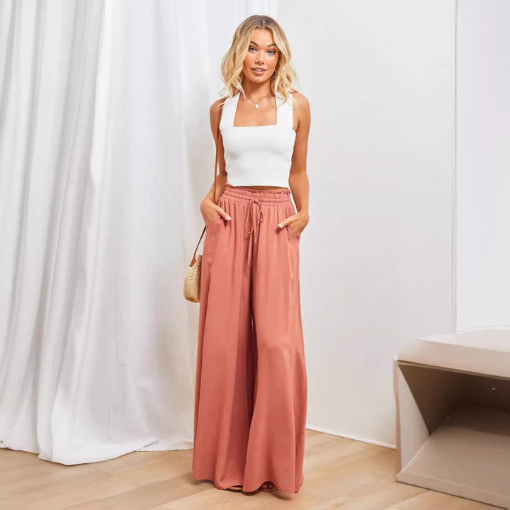 Frauen Hohe Taille Rüschen Elastischer Bund Weite Bein Strand Palazzo Hose mit Zugband und Seitentaschen – Avélisse