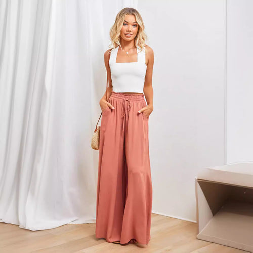 Frauen Hohe Taille Rüschen Elastischer Bund Weite Bein Strand Palazzo Hose mit Zugband und Seitentaschen – Avélisse