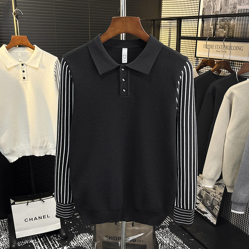 Herren Strick-Poloshirt mit kontrastgestreiften Ärmeln und feiner Struktur Echoarchiv