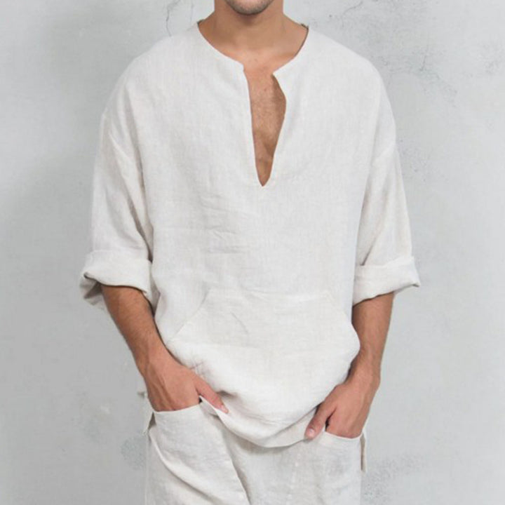Herren lässiges Leinenoberteil mit Henley-Ausschnitt und praktischer Kängurutasche Echoarchiv