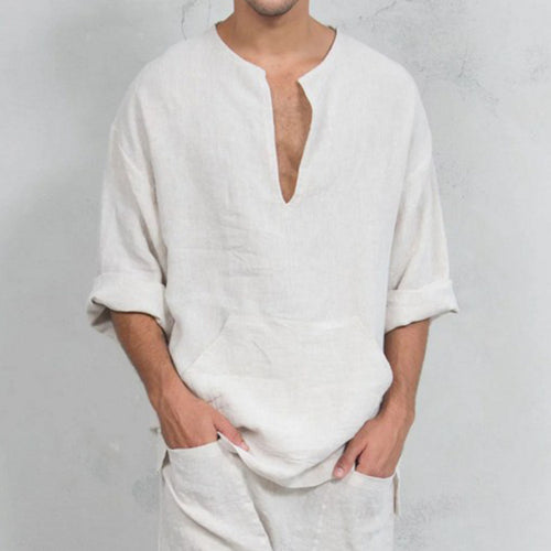 Herren lässiges Leinenoberteil mit Henley-Ausschnitt und praktischer Kängurutasche Echoarchiv