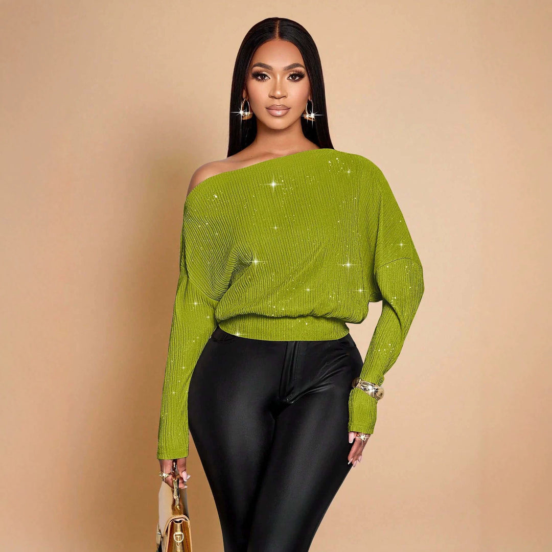 Damen Off-Shoulder Rippstrick-Pullover mit Glitzereffekt und Batwing-Ärmeln Echo Archiv
