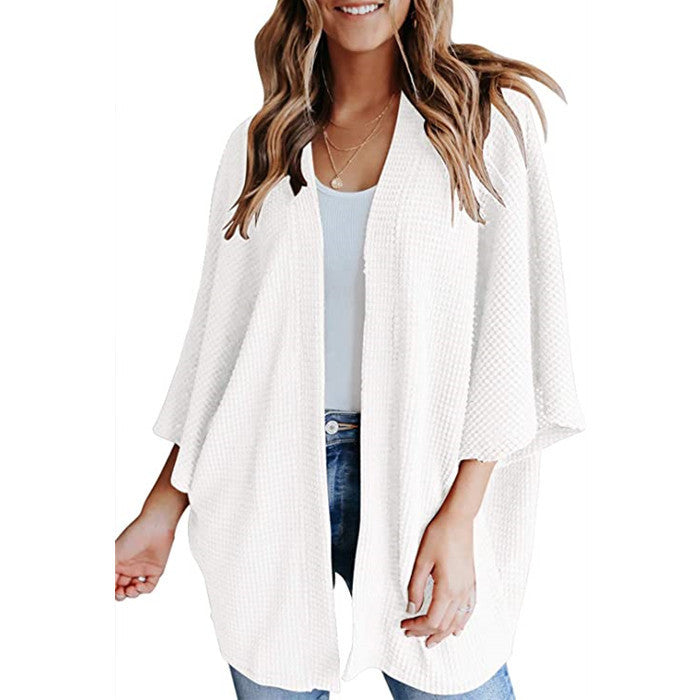 Damen Waffelstrick Offener Kimono-Cardigan mit Fledermausärmeln Echo Archiv