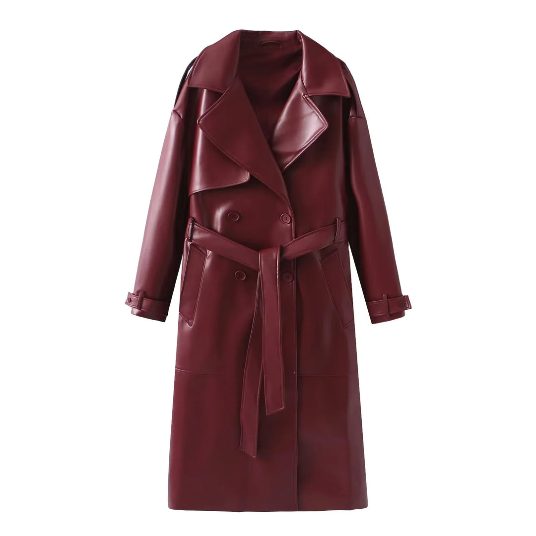 Damen taillierter veganer Trenchcoat aus Lederimitat mit Schalkragen und Bindegürtel – Montévia