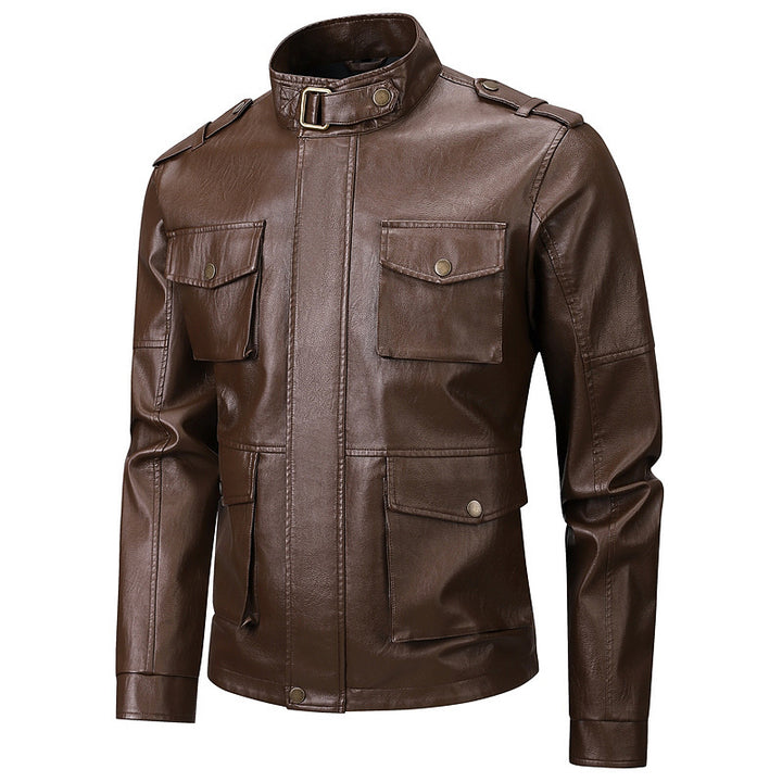 Herren Militärjacke aus Kunstleder mit praktischen Taschen und hohem Kragen Echoarchiv