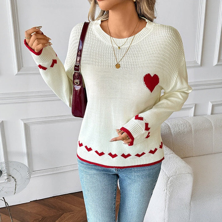 Damen Feinstrick-Pullover mit Herz-Jacquard, Ajour-Struktur und geripptem Saum Echoarchiv