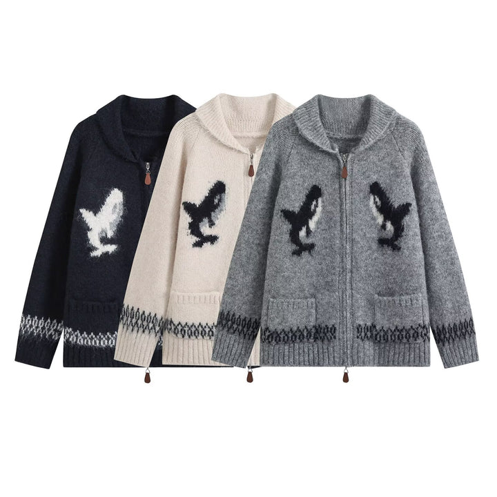Damen Grobgestrickter Zip-Cardigan mit Schalkragen und Intarsia-Motiv Echo Archiv