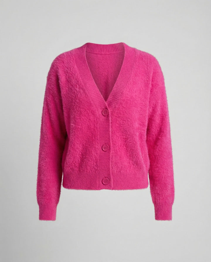 Damen Flauschiger V-Ausschnitt Cardigan mit Knopfdetail Echoarchiv