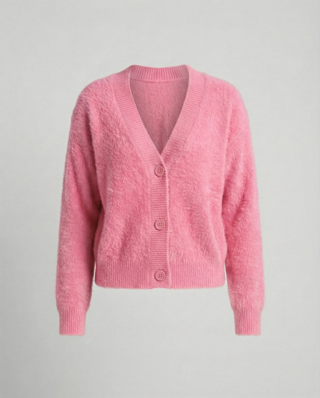 Damen Flauschiger V-Ausschnitt Cardigan mit Knopfdetail Echoarchiv