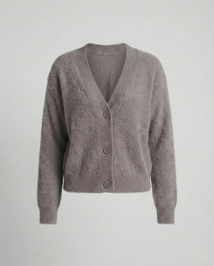 Damen Flauschiger V-Ausschnitt Cardigan mit Knopfdetail Echoarchiv