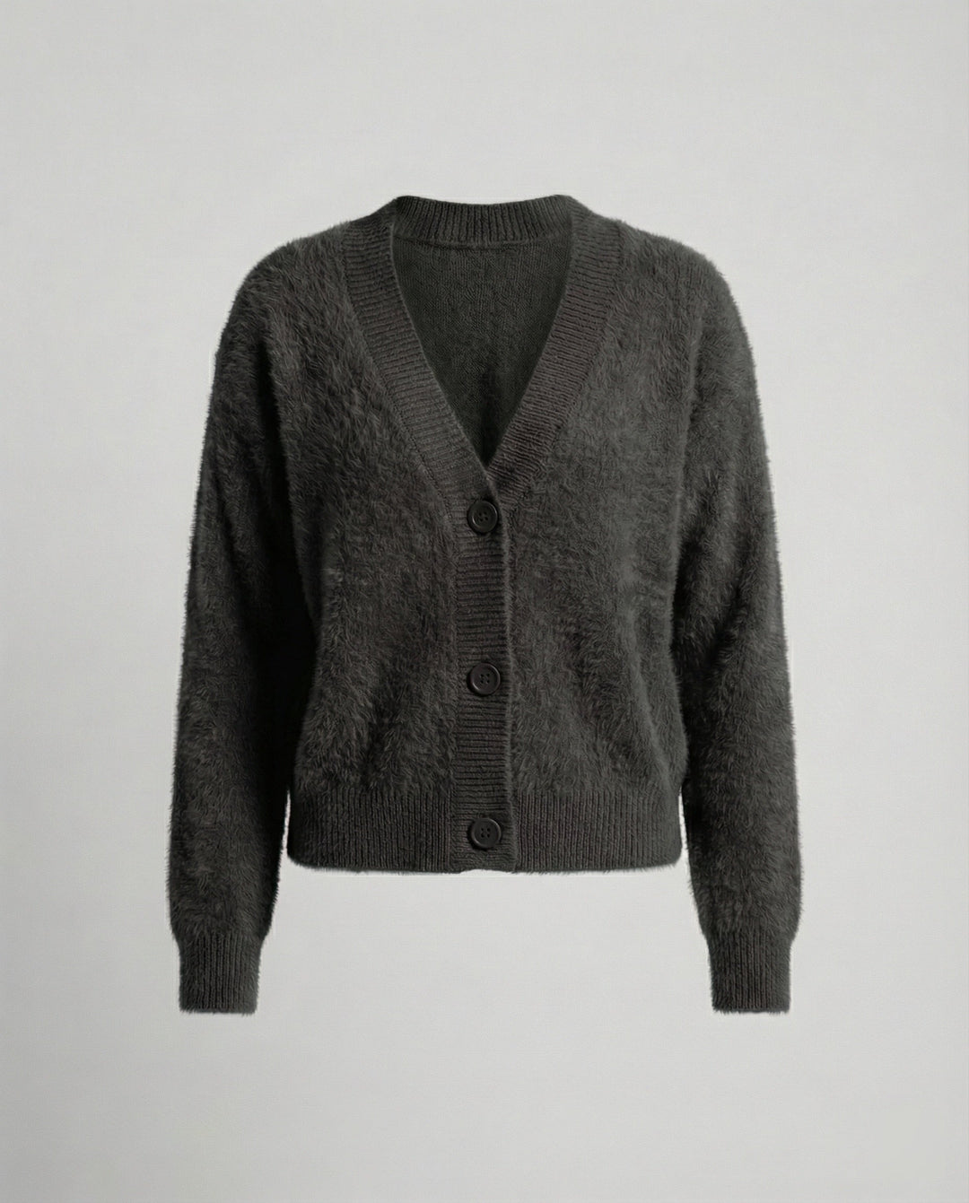 Damen Flauschiger V-Ausschnitt Cardigan mit Knopfdetail Echoarchiv