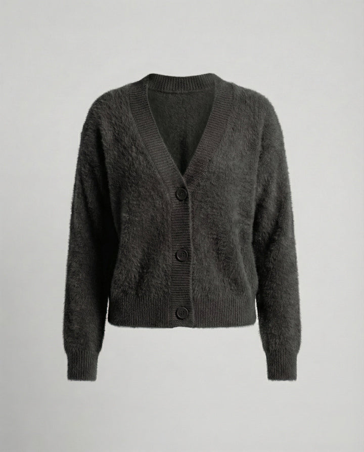 Damen Flauschiger V-Ausschnitt Cardigan mit Knopfdetail Echoarchiv