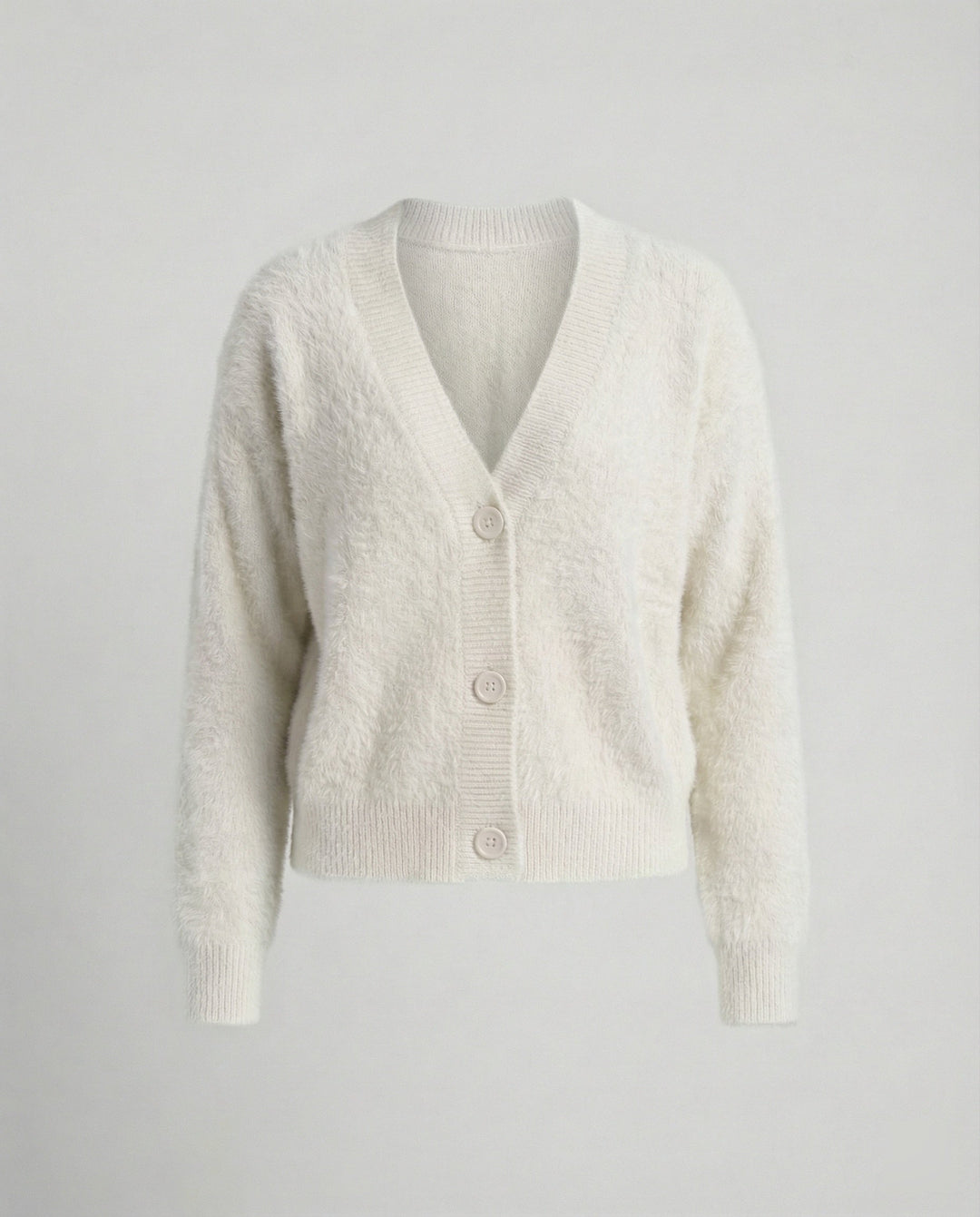 Damen Flauschiger V-Ausschnitt Cardigan mit Knopfdetail Echoarchiv