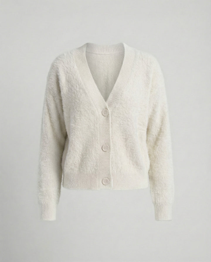 Damen Flauschiger V-Ausschnitt Cardigan mit Knopfdetail Echoarchiv