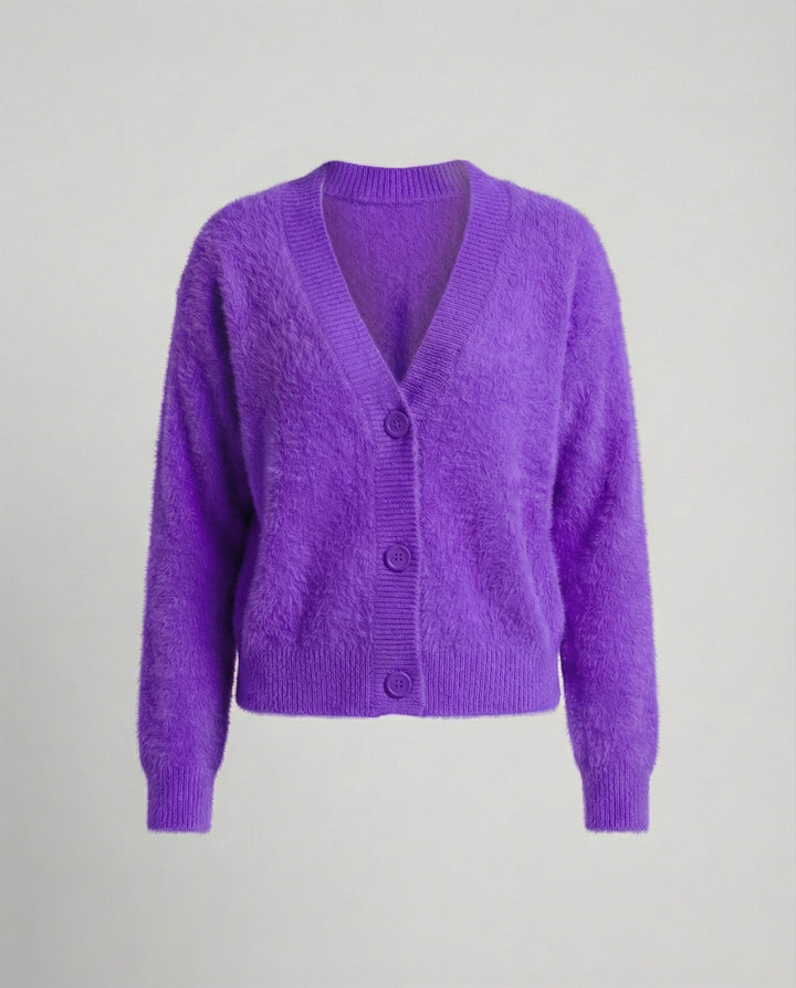 Damen Flauschiger V-Ausschnitt Cardigan mit Knopfdetail Echoarchiv