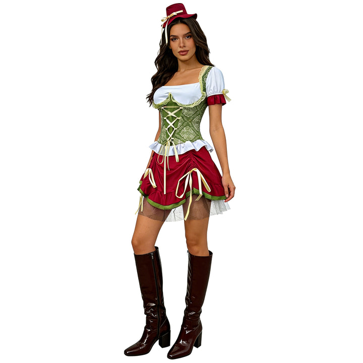 Damen nan kurzes Dirndl Trachtenkleid mit Schnürcorsage, Spitzenkragen und gerafftem Rock Echo Archiv