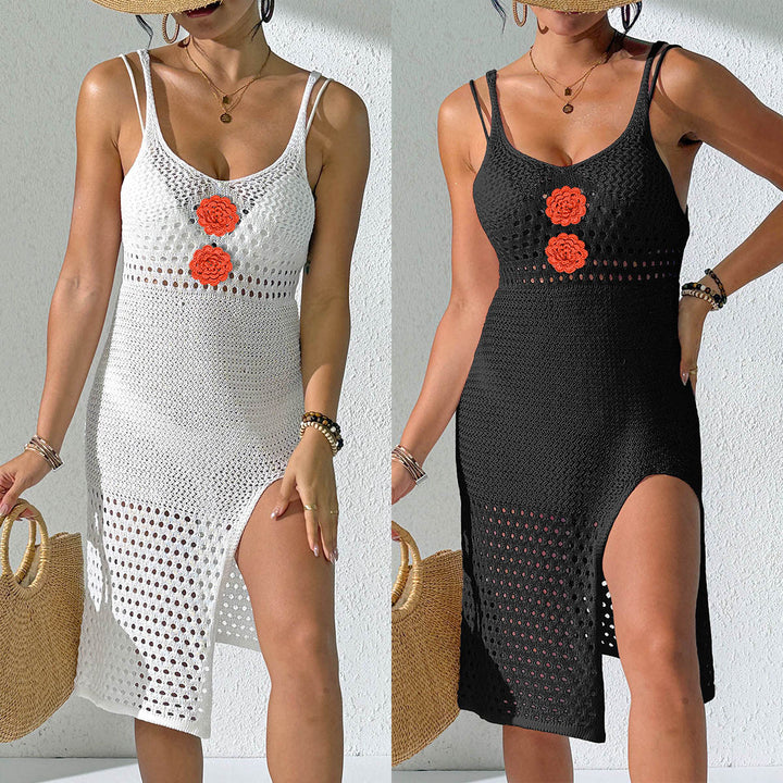 Damen Häkel-Strandkleid mit sexy Schlitz und Blumenapplikationen Echo Archiv