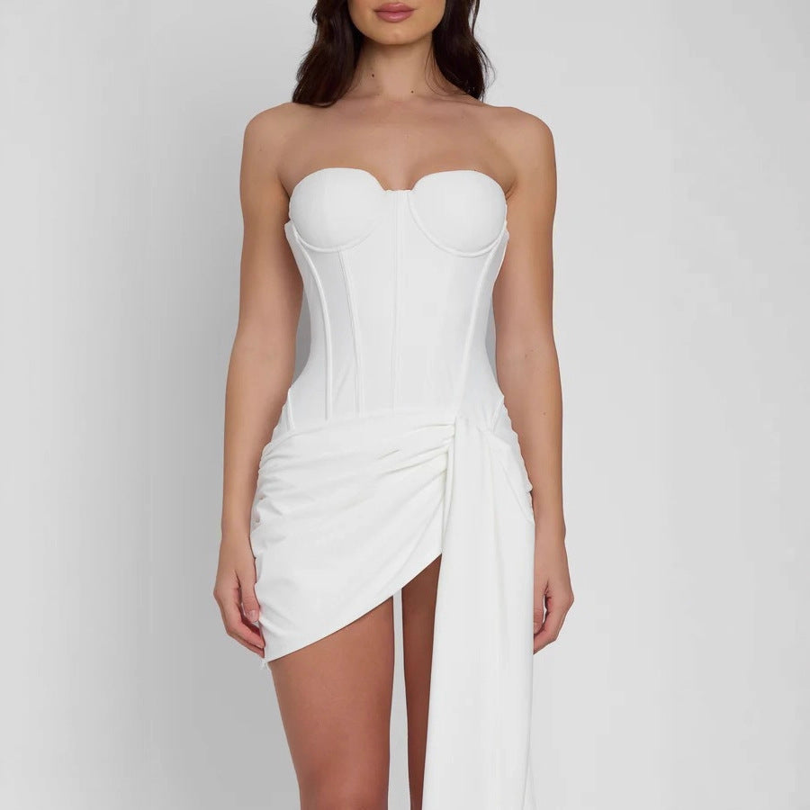 Damen Minimales und elegantes Cocktailkleid mit Korsett-Oberteil und drapiertem Rock Echo Archiv