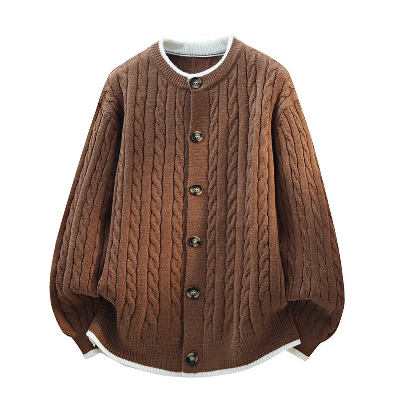 Damen Oversize Zopfstrick-Cardigan mit Rundhalsausschnitt, Holzknopfleiste & Kontrastbesatz Echoarchiv