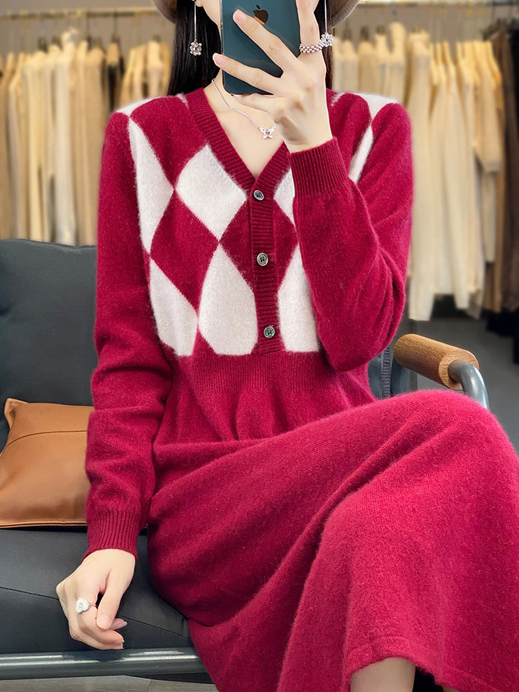 Damen Strick-Set mit V-Cardigan Rautenmuster und tailliertem Midirock Echoarchiv