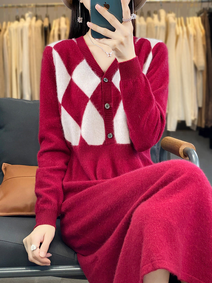 Damen Strick-Set mit V-Cardigan Rautenmuster und tailliertem Midirock Echoarchiv