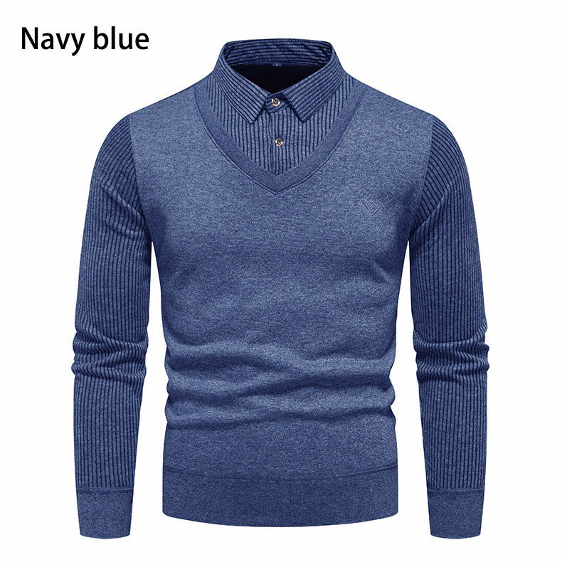 Herren Figurbetonter V‑Ausschnitt-Pullover mit integriertem Hemdkragen und gerippten Ärmeln Echo Archiv