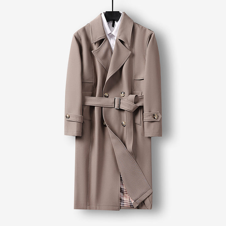 Herren Midilanger Doppelreihiger Trenchcoat mit Taillengürtel, abgefalcetem Revers und kariertem Innenfutter Echoarchiv