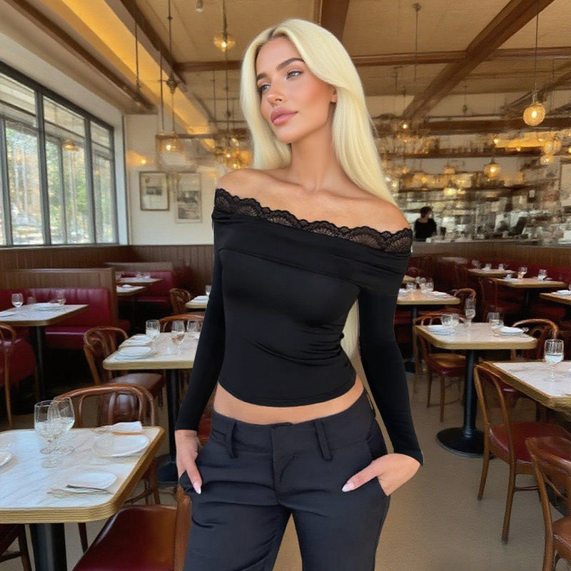 Damen Off-Shoulder Langarm-Top mit Spitzenbesatz und figurbetonter Silhouette – Avérine