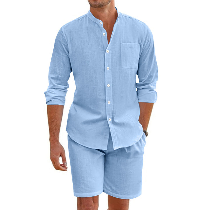 Herren lässiges Kurzarm-Hemd mit modischen Knopfdetails und komfortablen Shorts Echoarchiv