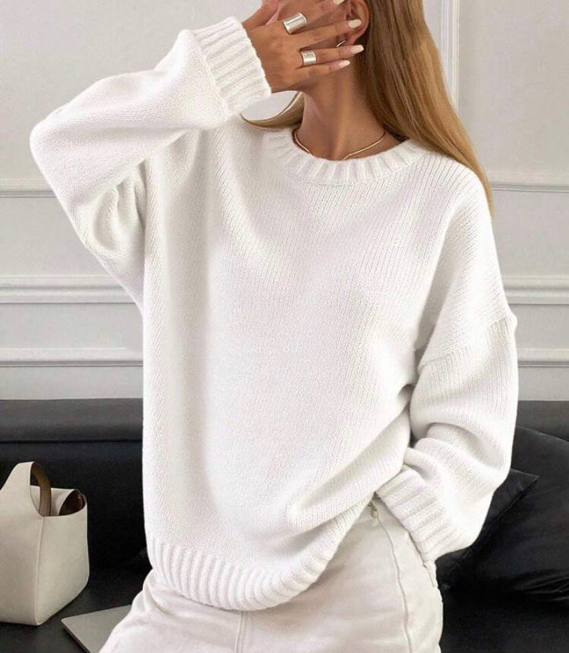 Damen Weit geschnittener Feinstrickpullover mit Rundhalsausschnitt und gerippten Bündchen – Mavelle