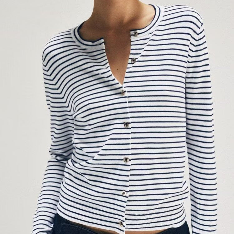 Damen Maritimer Feinstrick-Cardigan mit feinen Streifen und Perlmuttknöpfen Echoarchiv
