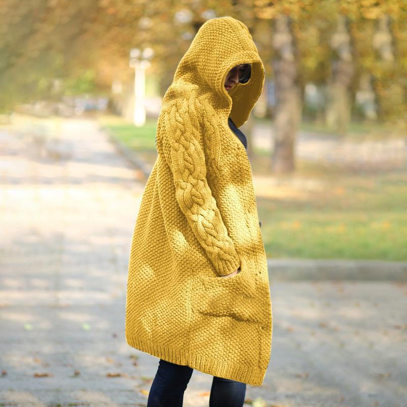 Damen Oversize Kapuzen-Strickmantel mit Zopfstrickärmeln und Eingrifftaschen Drune