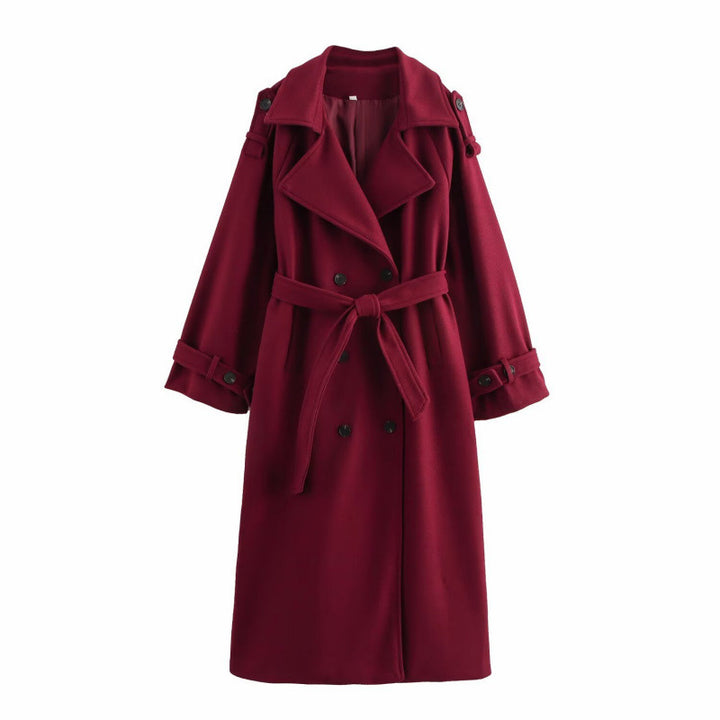 Damen langer doppeltreihiger Wollmix-Trenchcoat mit Gürtel und breitem Revers Echo Archiv