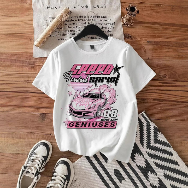 Damen T-Shirt mit kreativem Auto-Motiv und urbanem Schriftzug Echo Archiv