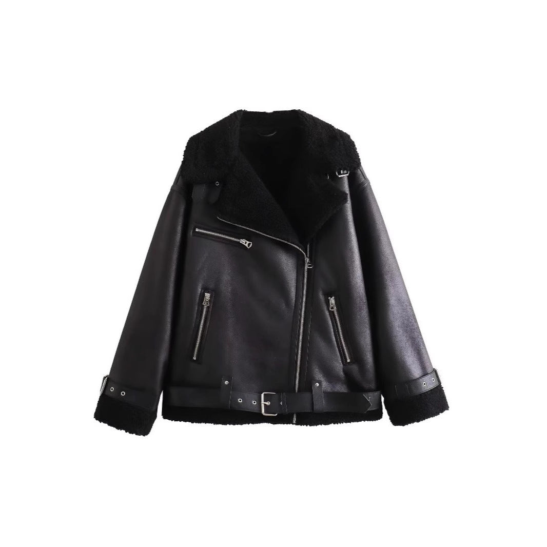 Damen Fliegerjacke im Bikerstil mit Teddyfutter, Kunstlederbesatz und Taillengürtel Echo Archiv