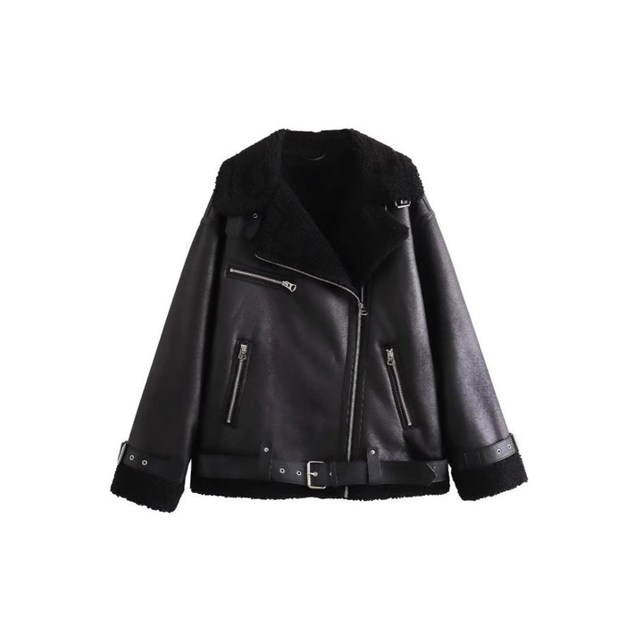 Damen Fliegerjacke im Bikerstil mit Teddyfutter, Kunstlederbesatz und Taillengürtel Echo Archiv