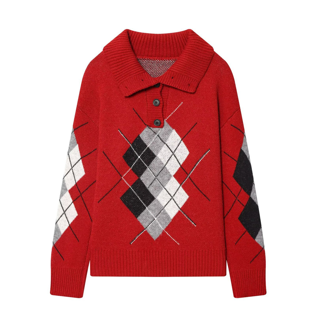 Damen Oversized Pullover mit Rautenmuster und Polokragen mit Knopfleiste Echoarchiv