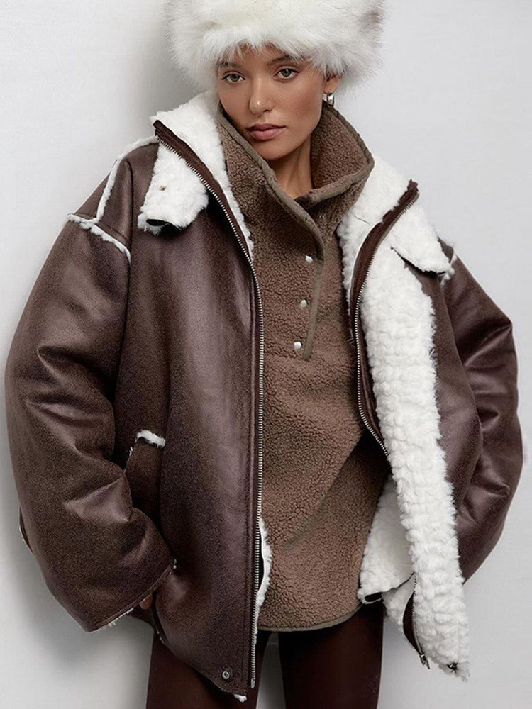 Damen Oversize Pilotjacke im Vintage-Look mit Sherpa‑Futter und Kontrastbesätzen Echoarchiv