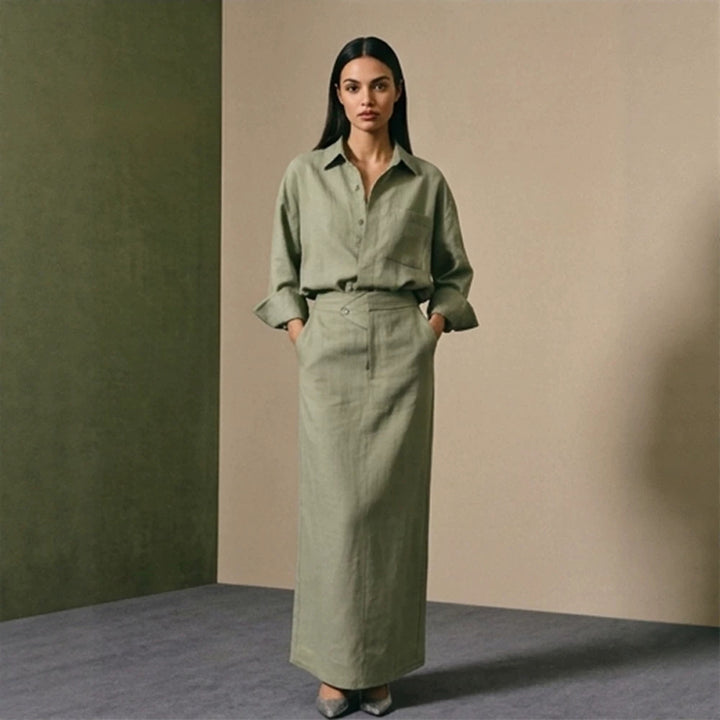 Damen Zweiteiliges Leinen-Set mit Oversized-Hemd und tailliertem Maxirock Echoarchiv