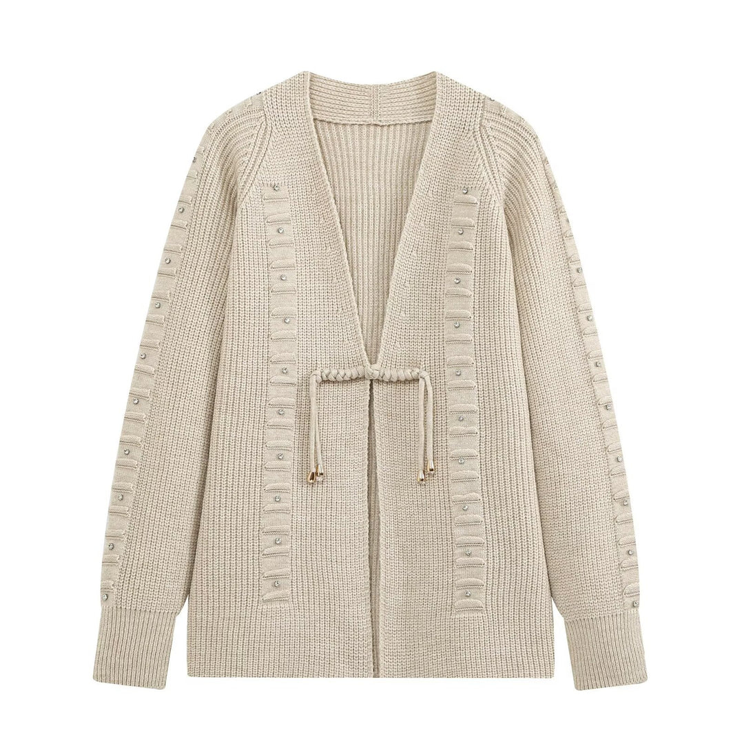 Damen Grobgestrickter Longcardigan mit Ziersteinen und Kordelbindung Echo Archiv