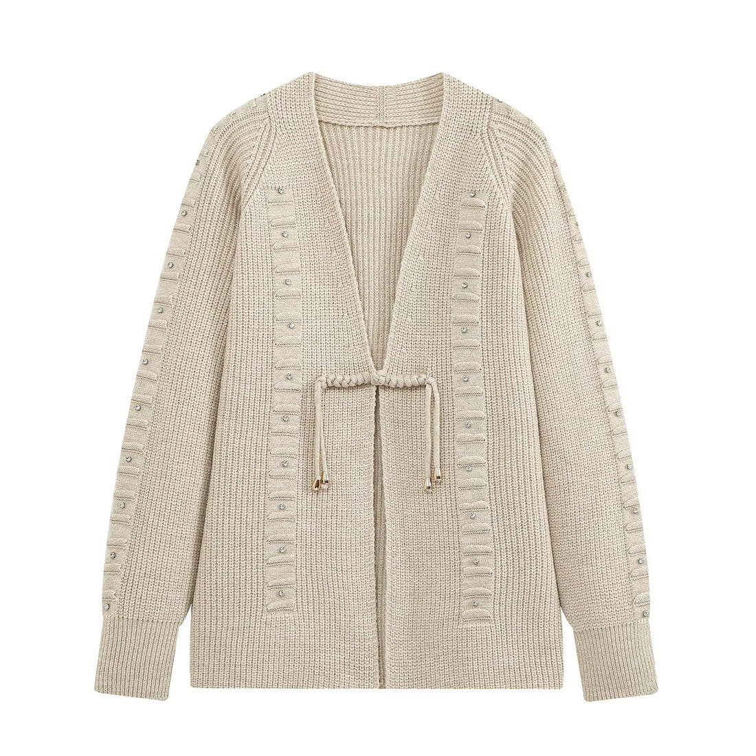 Damen Grobgestrickter Longcardigan mit Ziersteinen und Kordelbindung Echo Archiv